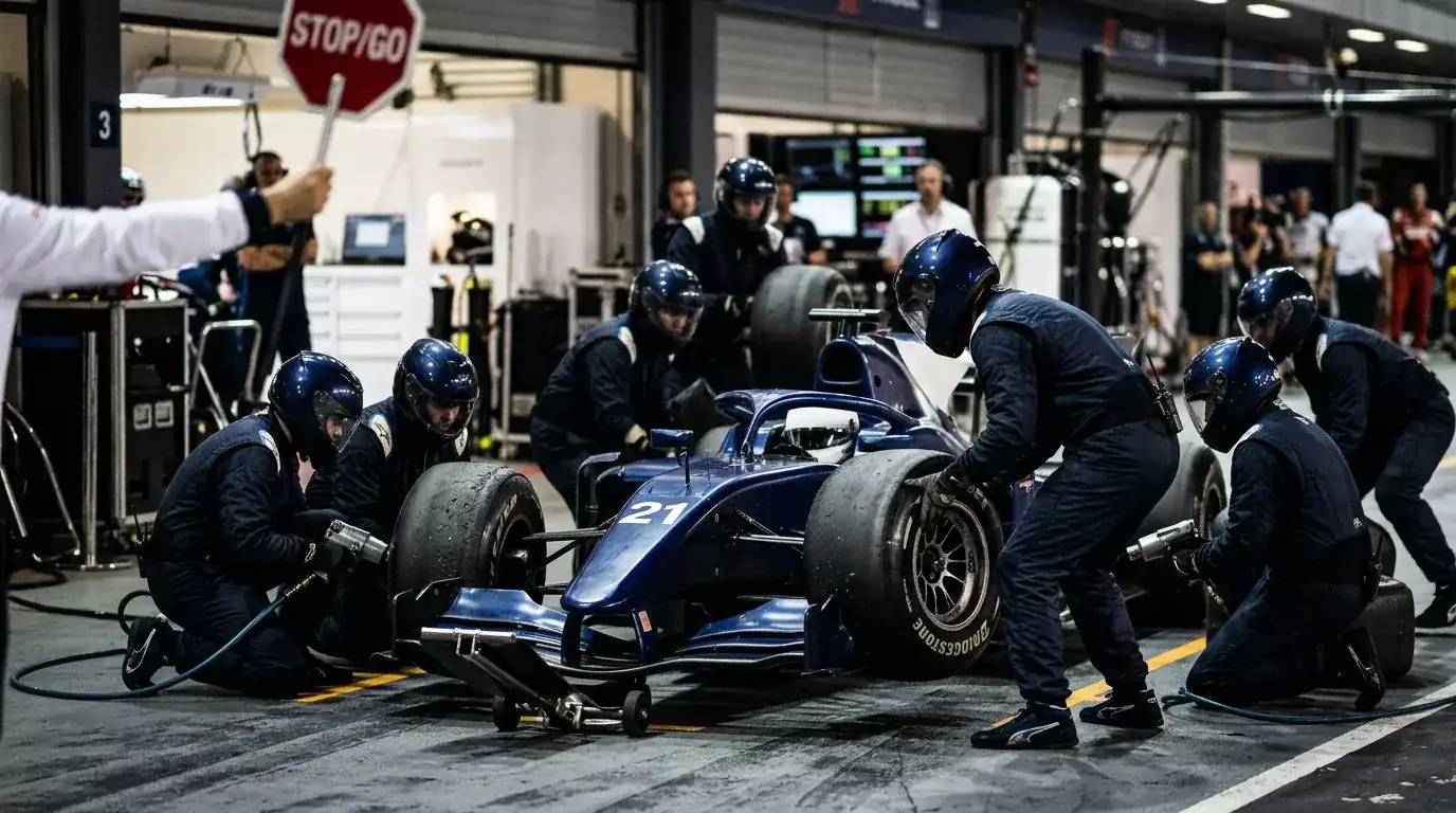 Formule 1 pitstop met monteurs die banden wisselen